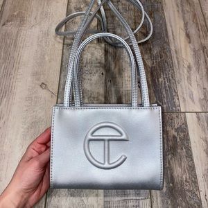 Small silver telfar shopping bag